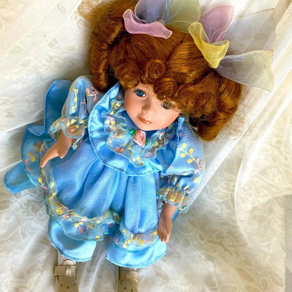 Girl Porcelain Doll in Blue Lace Dress & Shoes with Curly Hair 8"